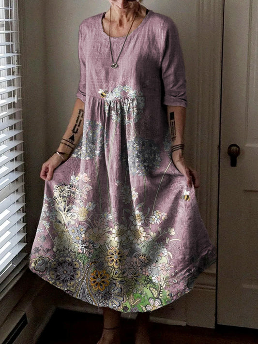 Women's Floral Art Print Pocket Cotton Dresses