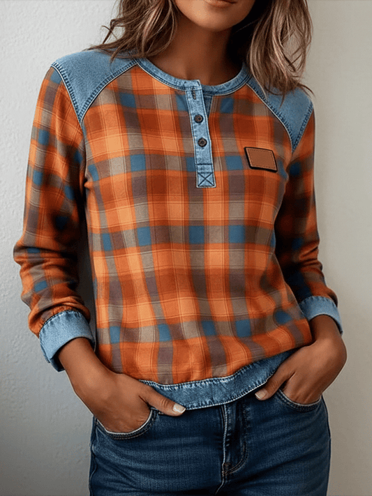 Women's Casual Plaid Contrast Color Splicing Top 