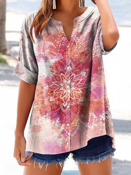 Women's Ombre Tie-Dye Mandala Flower Art Print Casual Cotton And Linen