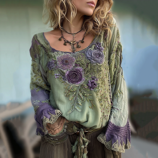 Vintage Purple Lavender And Floral Embroidered Linen Long Sleeve Shirt