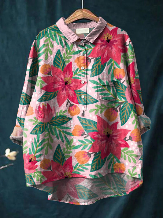 Women's Watercolor Flowers Floral Art Print Casual Cotton And Linen Shirt