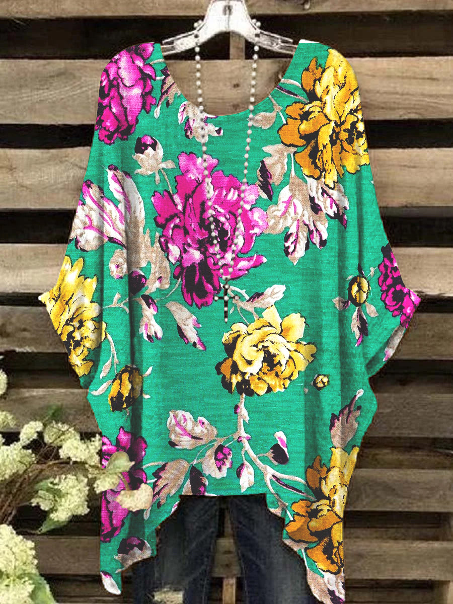 Women's Romantic Floral Pattern Crew Neck Top