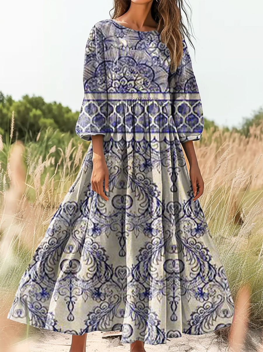 Women's Vintage Ethnic Floral Art Print Flowy Cotton Crew Neck Dress