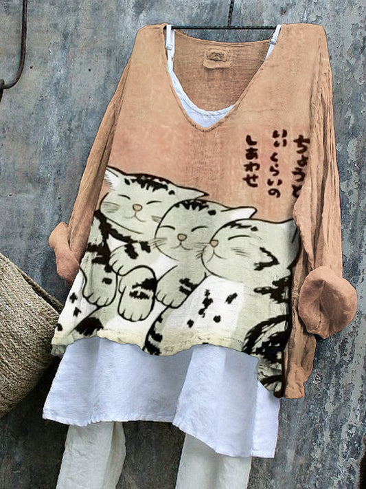 Japanese Sleeping Cats Women's Linen Shirt