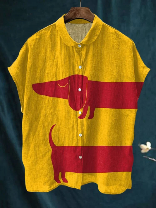 Women's Cute Animal Fun and Colorful Dogs Dachshund Vintage Print Casual Cotton Linen Shirt