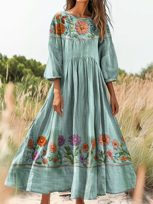 Women's Vintage Floral Collage Art Print Flowy Cotton Crew Neck Dress