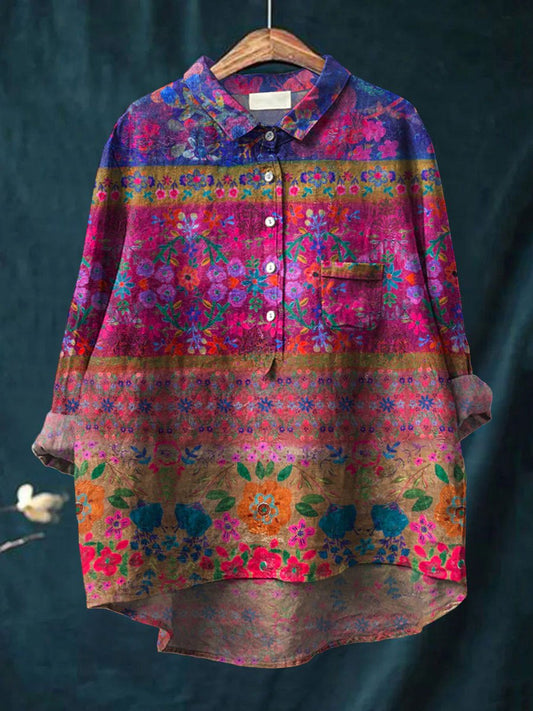 Women's Vintage Flower Art Print Casual Cotton And Linen Shirt