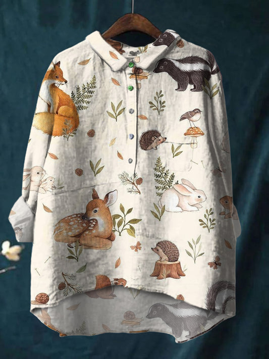 Lovely Deer Rabbit And Hedgehog Printed Cotton And Linen Shirt
