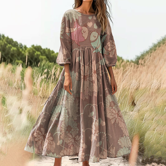 Women's Floral Bird Pattern Art Print Cotton Round Neck Dress
