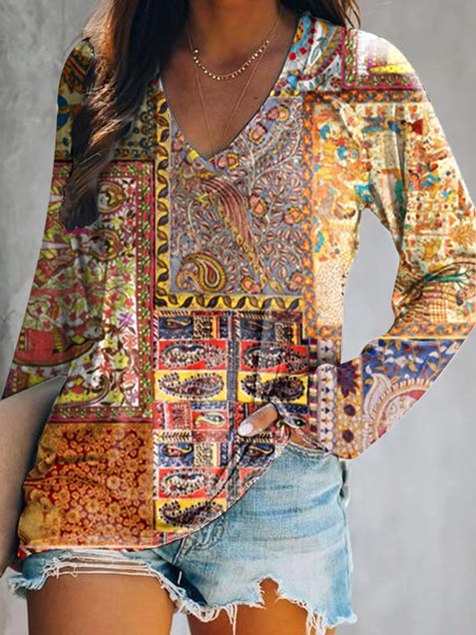 Women's Casual Vintage Bohemian Floral Art Print V Neck Long Sleeve To
