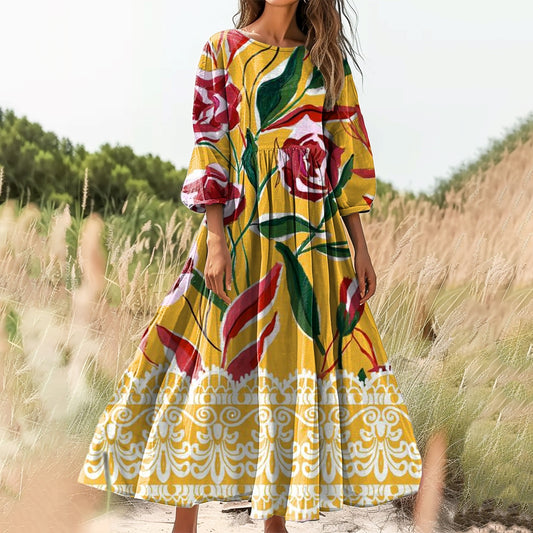 Women's Floral Art Print Cotton Crew Neck Dress