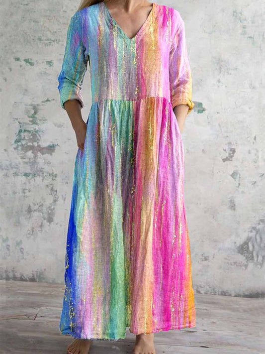 Women's V-neck Rainbow Gradient Gold Glitter Pattern Printed Cotton An
