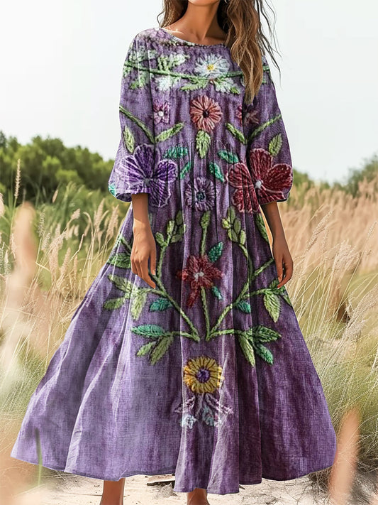 Women's Vintage Ethnic Floral Art Print Flowy Cotton Dress
