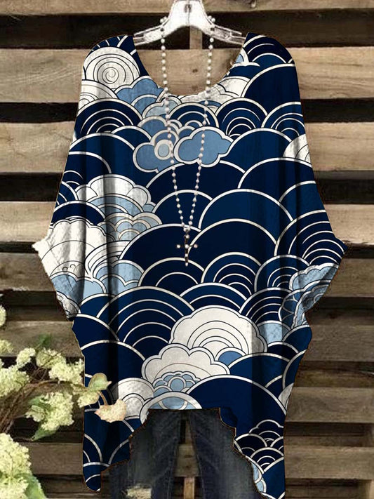 Women's Retro Japanese Style Abstract Wave Print Casual Top