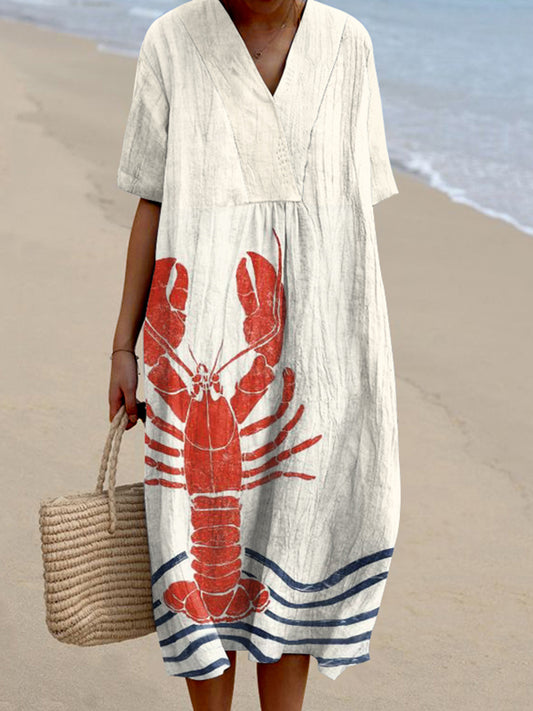 Women's Lobster Art Pattern Linen Blend Dress
