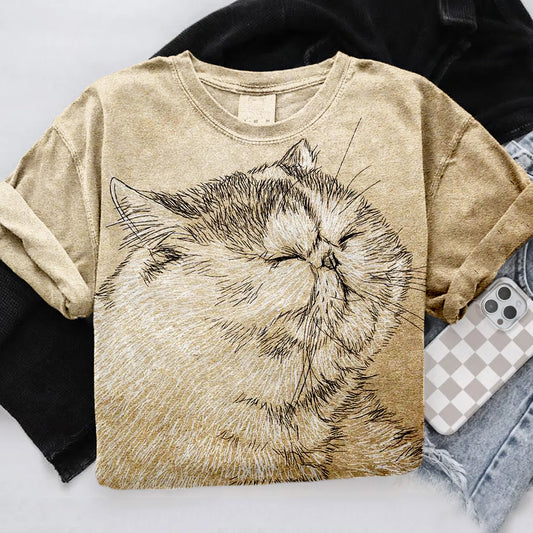 Cute Cat Print Short Sleeve Vintage Washed T Shirt