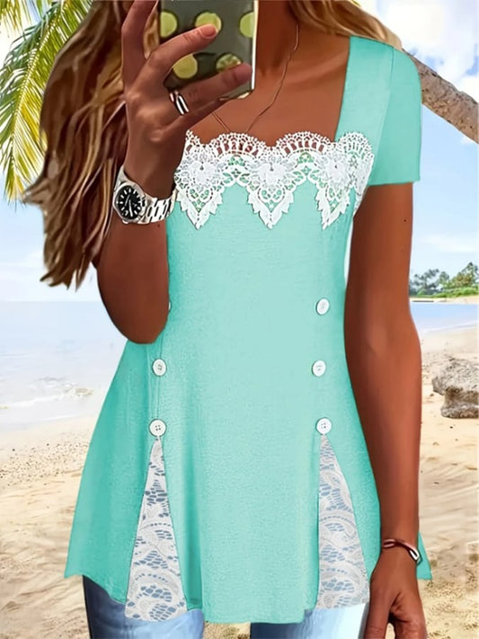 Women's Elegant Square Neck Lace Patchwork Waist Short Sleeve Top 