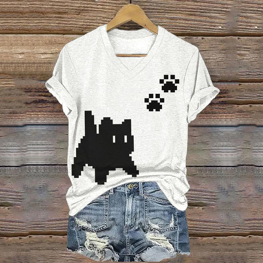 Lovely Black Cat Paw Prints Pixel Art T Shirt