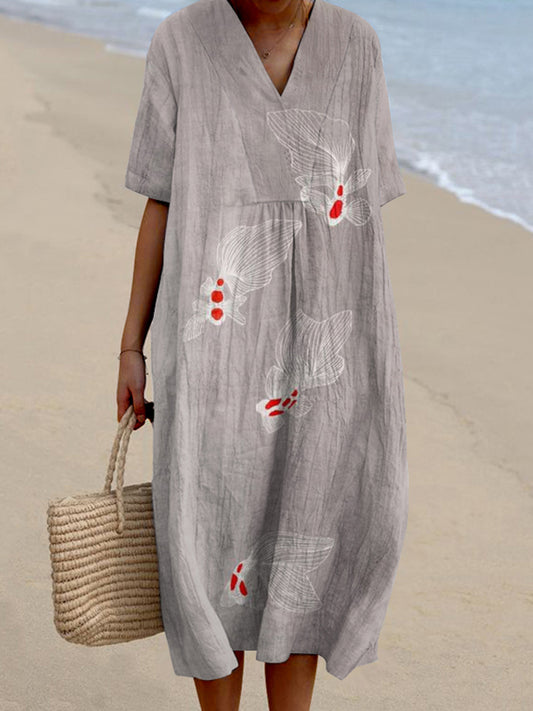 Vintage Gold Fish Art Casual V Neck Midi Dress