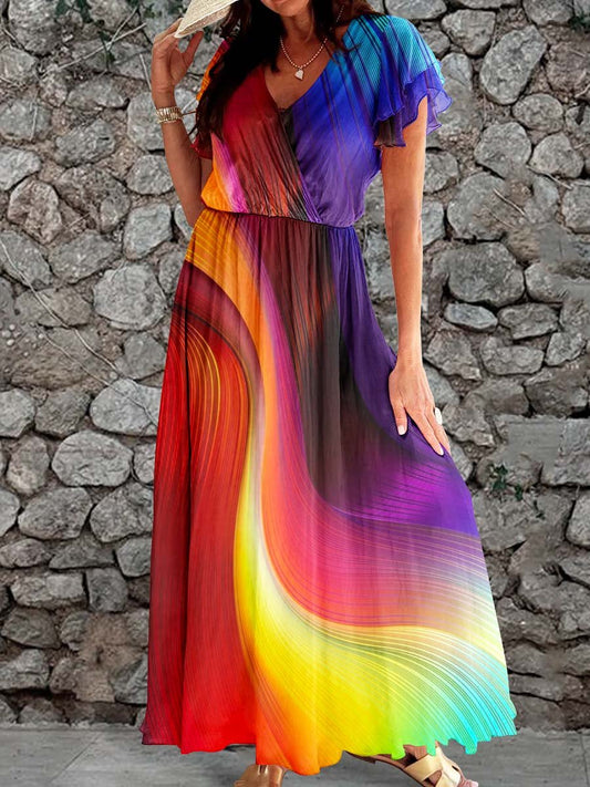 Women's Elegant Rainbow Fluid Pattern Flowing Dress