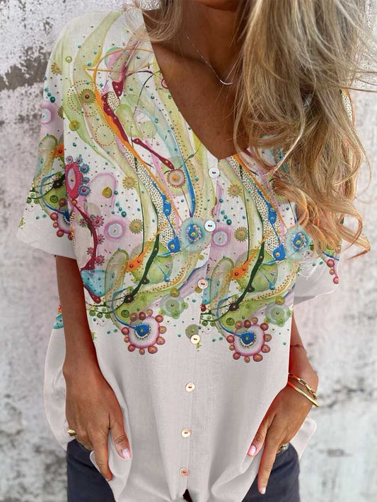 Women's Abstract Watercolor Art Floral Shirt Style Cotton and Linen Top
