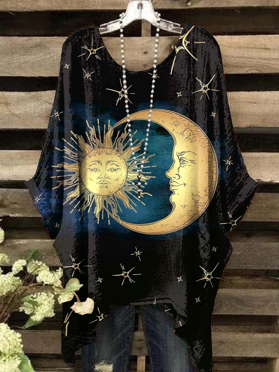Women's Vintage Mystery Sun Moon Art Print Round Neck Top