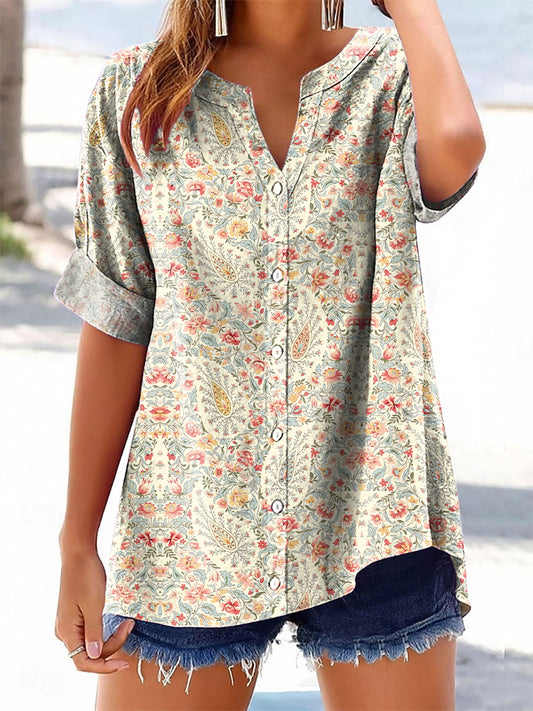Women's Vintage Perlis Floral Art Printed Casual Short Sleeve Cotton a