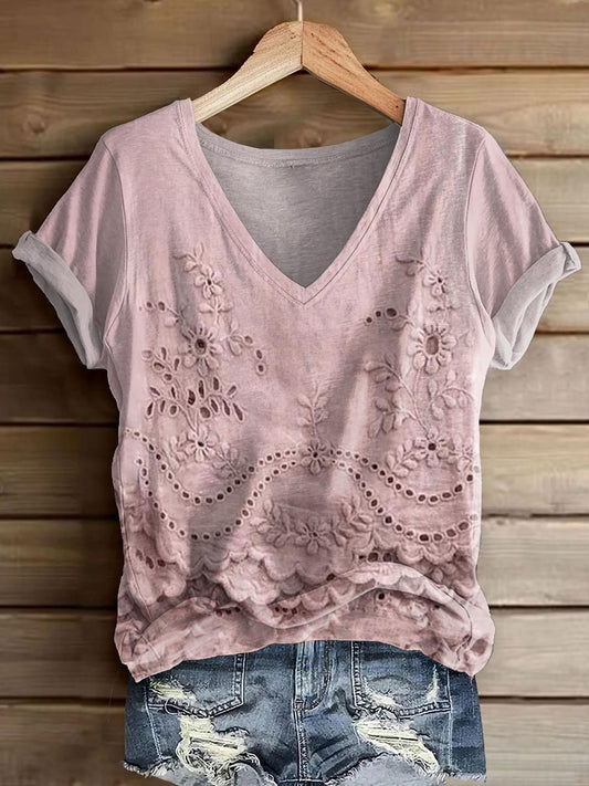 Women's Vintage Floral Texture Art Print V-neck Casual T-Shirt