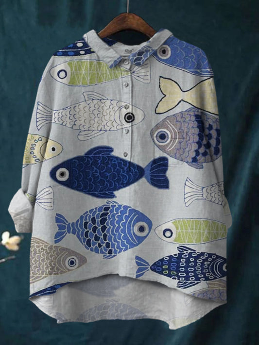 Women' Cartoon Fish Print Casual Cotton And Linen Shirt
