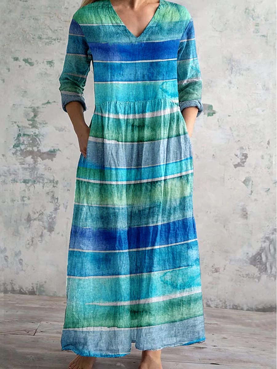 Women's Vintage Boho Stripe Pattern V Neck Dress with Pockets