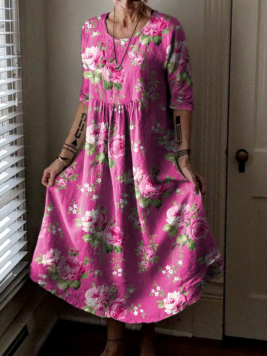 Women's Floral Art Print Pocket Cotton Dresses