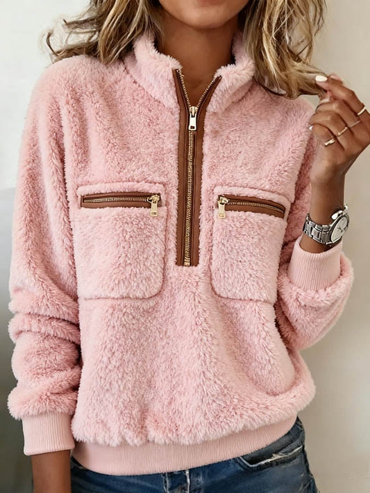 Women'S Casual Contrast Color Stitching Coral Fleece Sweatshirt 