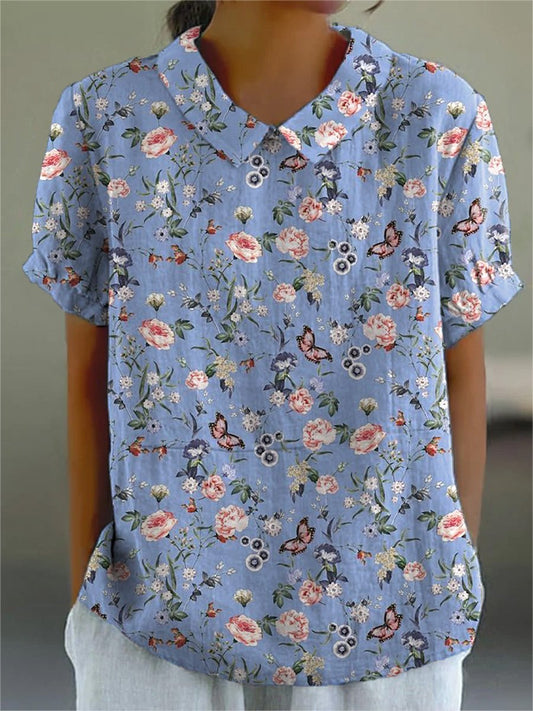 Spring Butterfly And Floral Pattern Printed Women's Casual Cotton And Linen Shirt