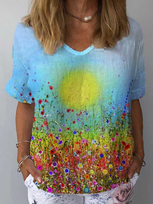 Casual Simple Floral Cotton Linen Print T-Shirt