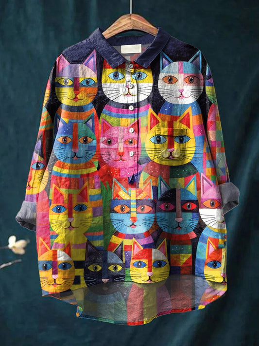 Vintage Lovely Cats Art Print Casual Cotton And Linen Shirt