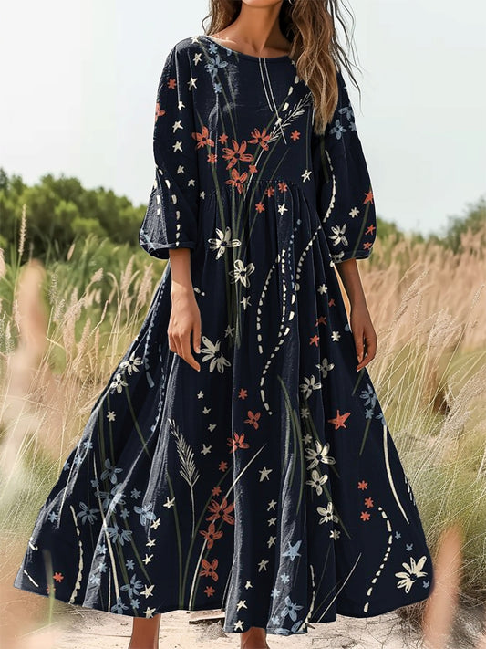 Women's Floral Art Print Flowy Cotton Crew Neck Dress