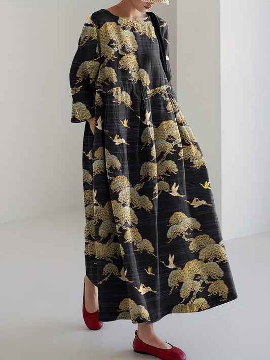 Japanese Art Crane Print Round Neck Loose Midi Dress