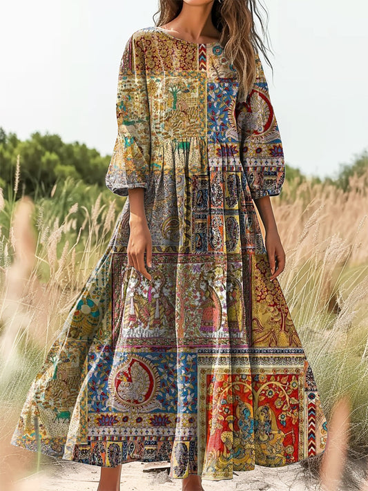 Women's Vintage Ethnic Floral Art Print Flowy Cotton Crew Neck Dress