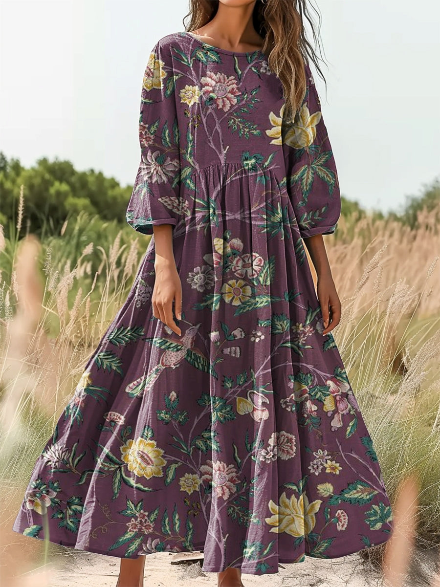 Women's Folk Art Floral Print Flowy Cotton Crew Neck Dress