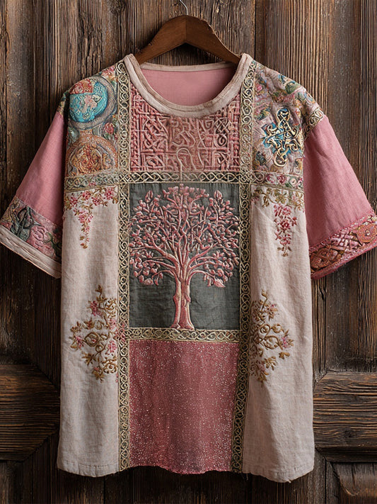 Pink Celtic Tree Of Life Embroidered Patchwork Linen Shirt