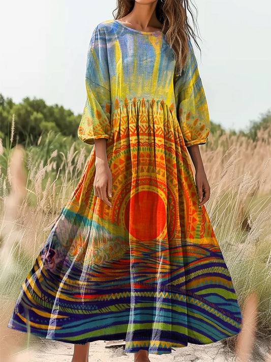Women's Hippie Sun Sunrise Art Print Flowy Cotton Crew Neck Dress