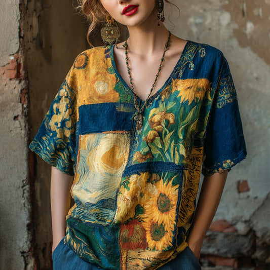 Oil Painting Patchwork Art Print V-neck Linen Blend T-shirt