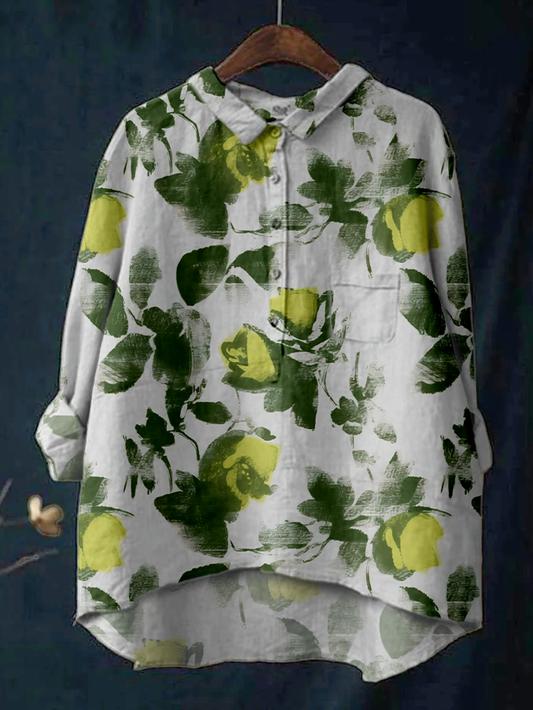 Women's Flower Print Casual Cotton And Linen Shirt