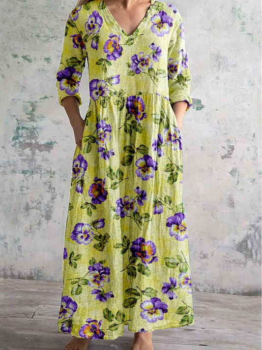 Women's V Neck Morning Glory Floral Cotton and Linen Dress with Pocket