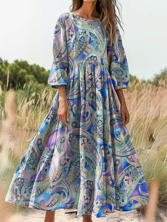 Women's Psychedelic Paisley Art Print Flowy Cotton Crew Neck Dress