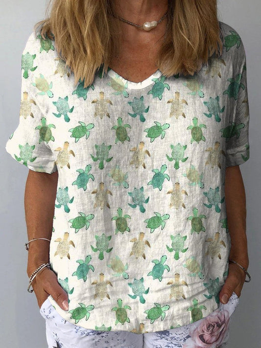 Little Sea Turtle Pattern Printed Women's Casual Cotton And Linen Shirt