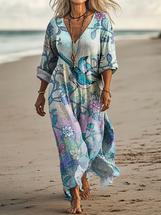 Women's Vintage Floral Bird Art Print Pocket Cotton Dress