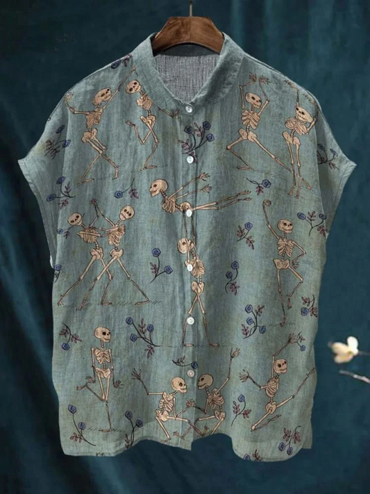 Decorative Pattern of Skeletons Dancing Pas De Deux Casual Cotton Linen Shirt