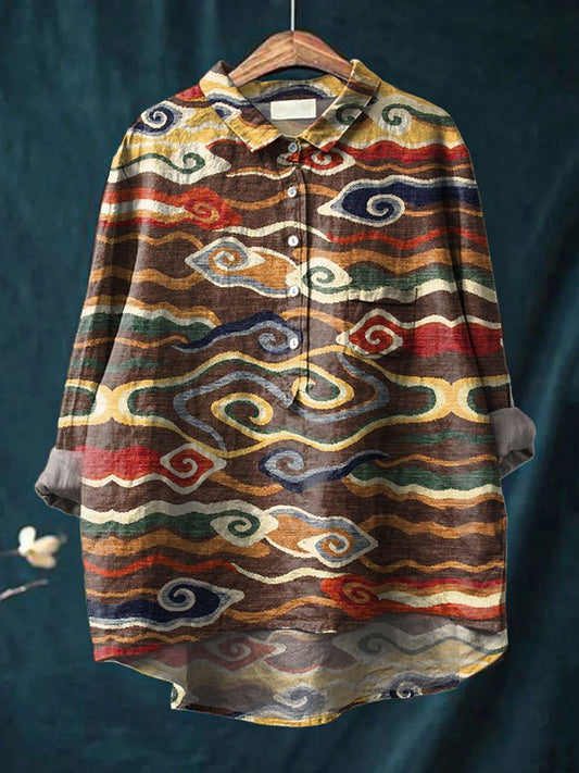 Vintage Ethnic Clouds Art Print Casual Cotton And Linen Shirt