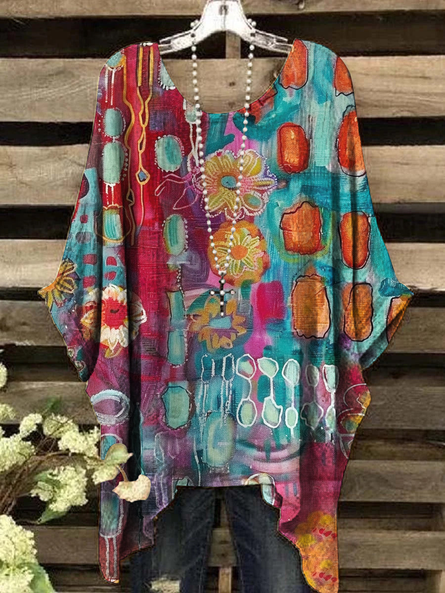 Women's Oil Painting Abstract Print Vintage Top